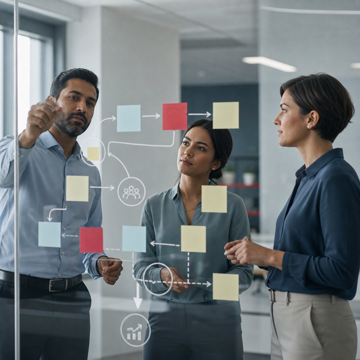 ServiceNow CRM delivery planning visual with connected steps, growth indicators, and customer workflow signals.