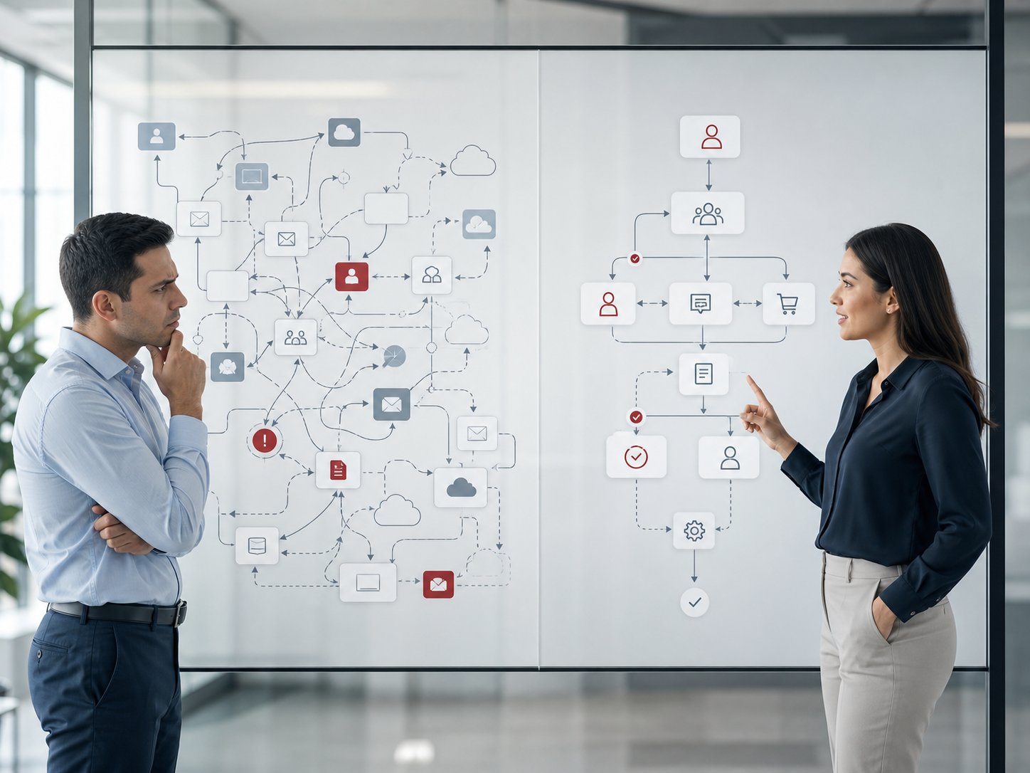 CRM comparison visual showing one employee confused by fragmented CRM workflows while another explains a cleaner connected CRM operating model.
