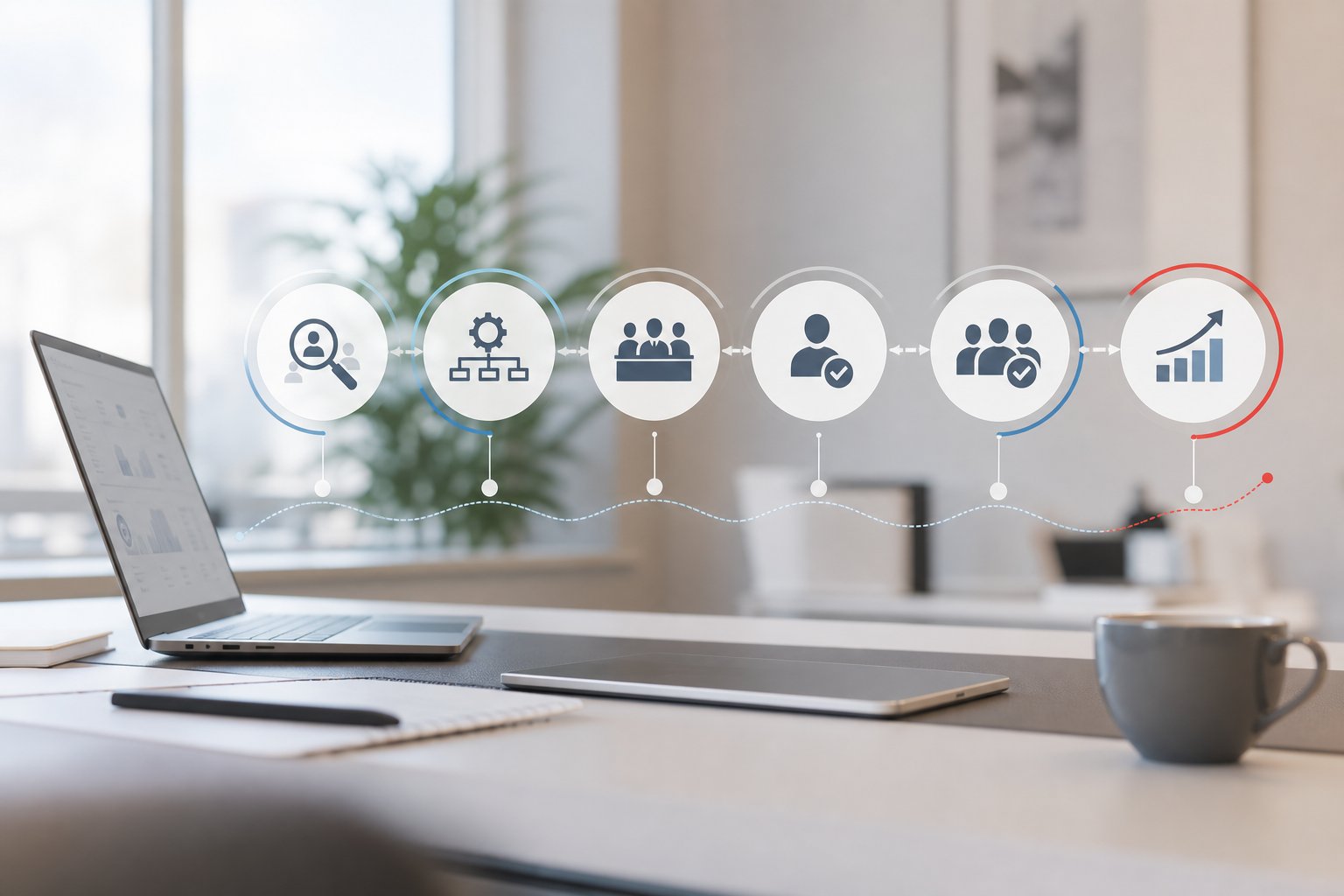 Fast-track HR service delivery approach visual showing discovery, priority workflows, governance, ownership, adoption, and continuous improvement connected in one phased journey.