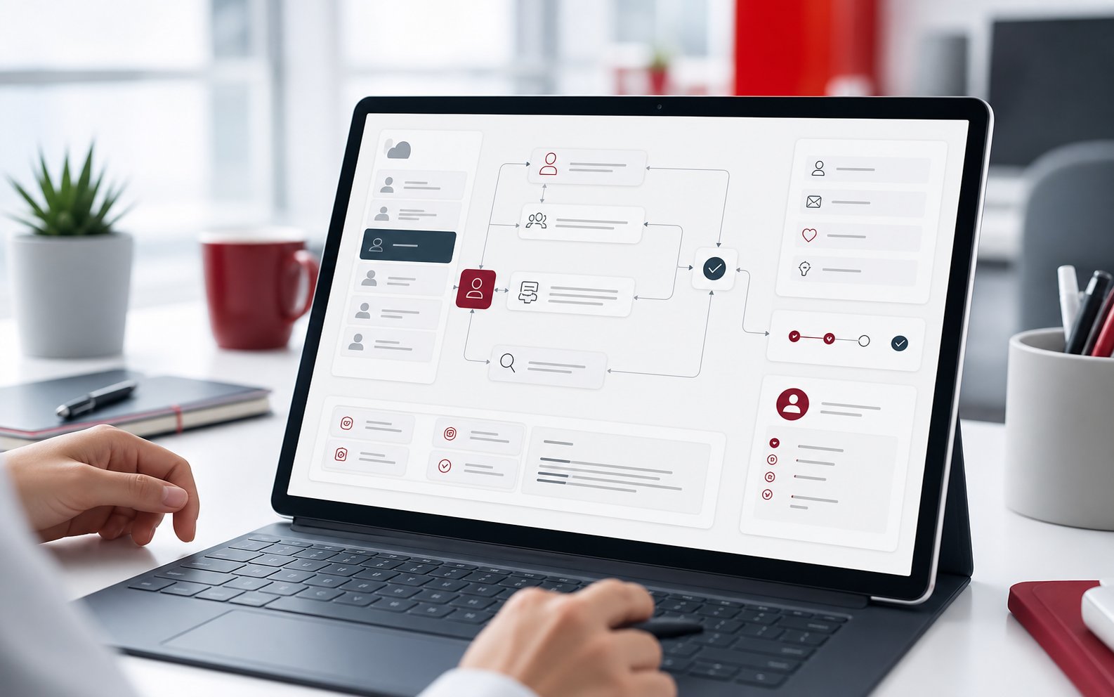 Unified HR service workflow dashboard on a tablet in a modern workplace.