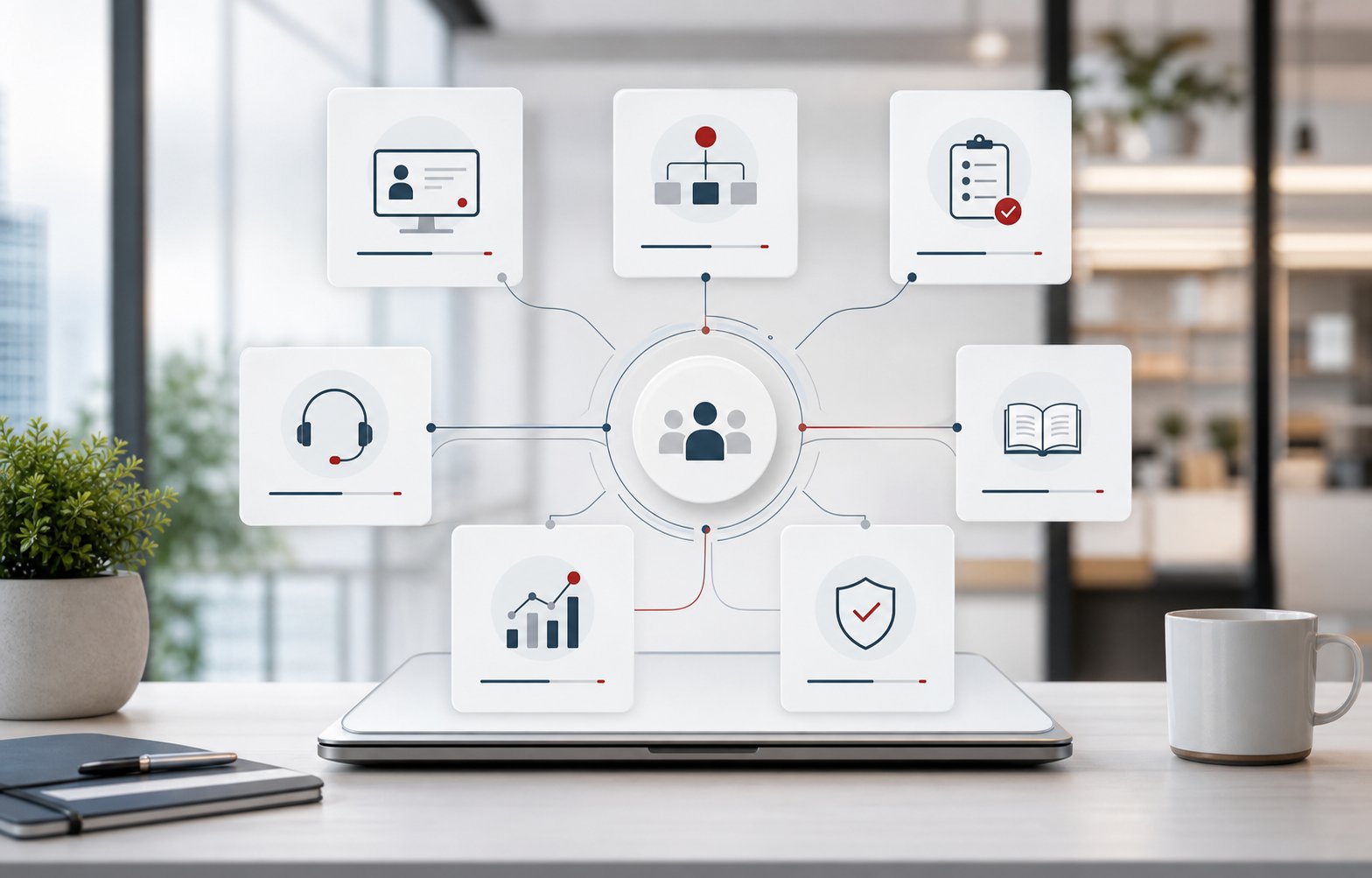 Unified HR service delivery operating model visual showing employee services, HR case routing, lifecycle workflows, analytics, and governance connected in one platform.