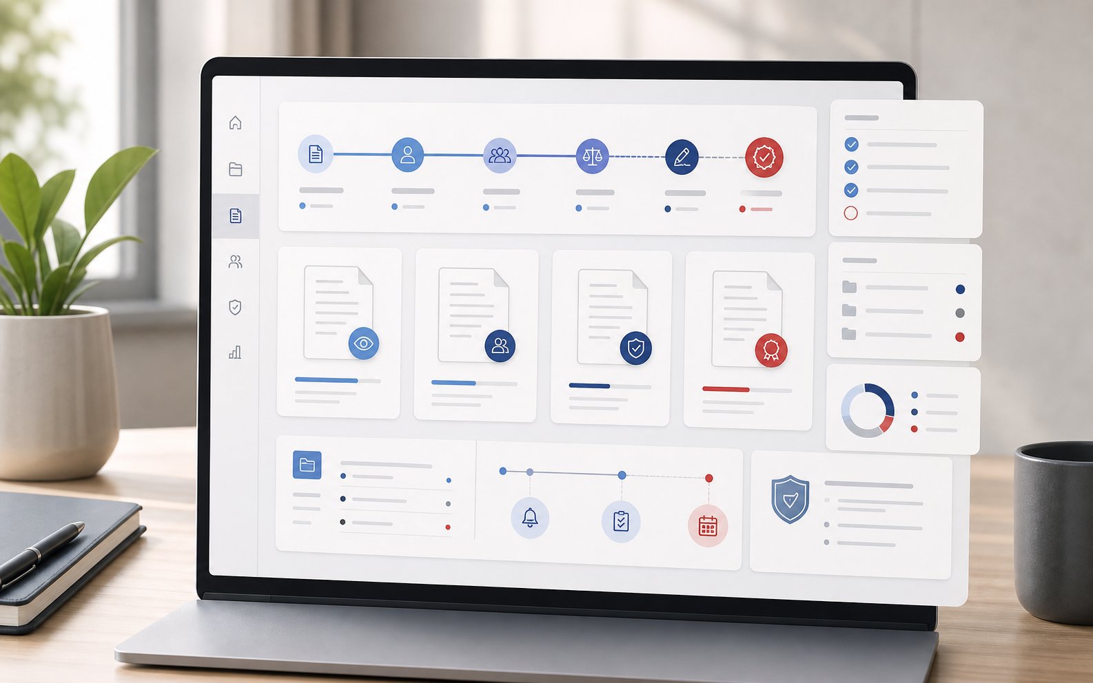 Abstract contract management workflow interface showing contract intake, review routing, approval checkpoints, obligations, renewals, and governance visibility.