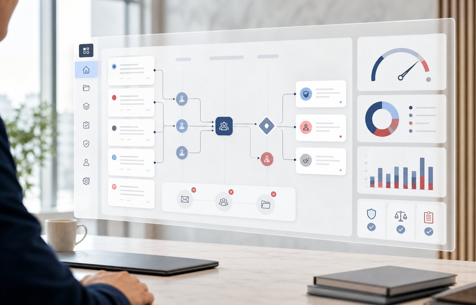 Abstract legal operations workflow interface showing intake routing, ownership, SLA visibility, workload transparency, and governance indicators.